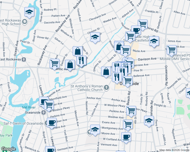 map of restaurants, bars, coffee shops, grocery stores, and more near 115 Atlantic Avenue in Oceanside