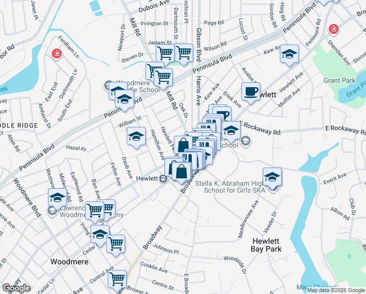 map of restaurants, bars, coffee shops, grocery stores, and more near 301 Mill Road in Hewlett