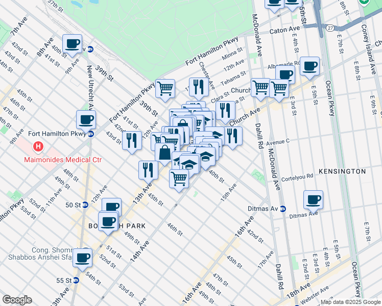 map of restaurants, bars, coffee shops, grocery stores, and more near 1328 40th Street in Brooklyn