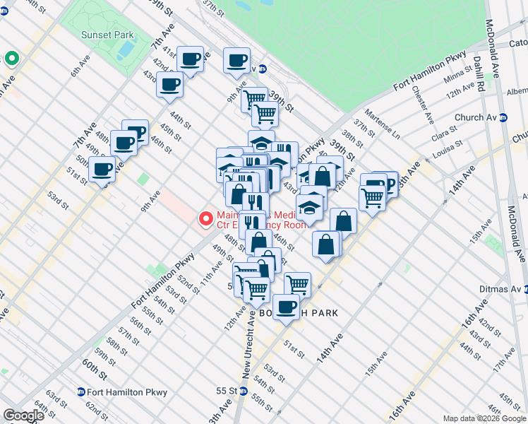 map of restaurants, bars, coffee shops, grocery stores, and more near 1128 45th Street in Brooklyn