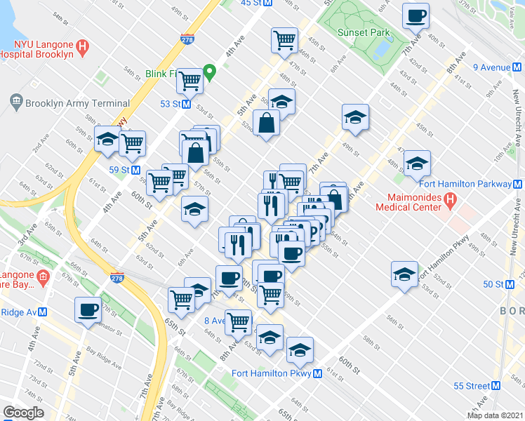 map of restaurants, bars, coffee shops, grocery stores, and more near 661 56th Street in Brooklyn