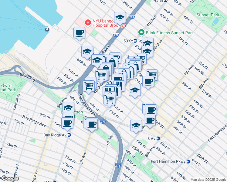map of restaurants, bars, coffee shops, grocery stores, and more near 455 61st Street in Brooklyn
