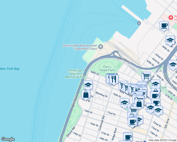map of restaurants, bars, coffee shops, grocery stores, and more near 2 68th Street in Brooklyn