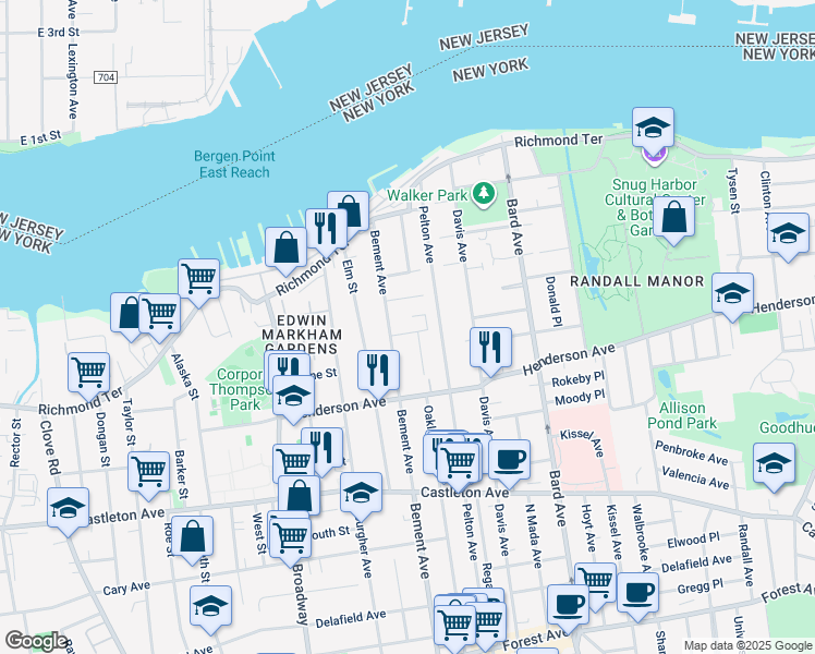 map of restaurants, bars, coffee shops, grocery stores, and more near 168 Bement Court in Staten Island