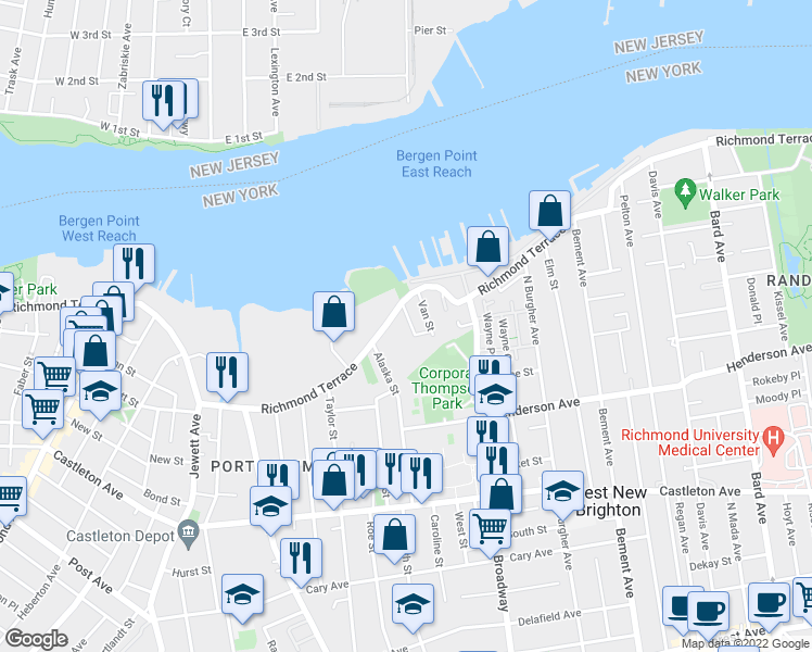 map of restaurants, bars, coffee shops, grocery stores, and more near 1650 Richmond Terrace in Staten Island