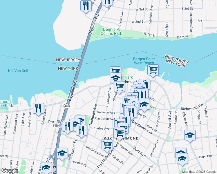 map of restaurants, bars, coffee shops, grocery stores, and more near 19 Treadwell Avenue in Staten Island