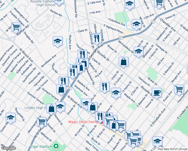 map of restaurants, bars, coffee shops, grocery stores, and more near 919 Walnut Street in Linden