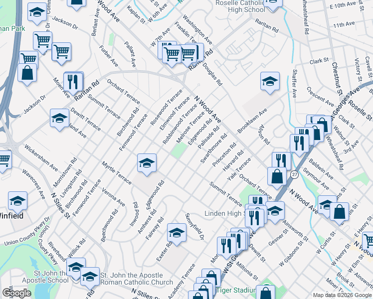 map of restaurants, bars, coffee shops, grocery stores, and more near 122 Palisade Road in Linden