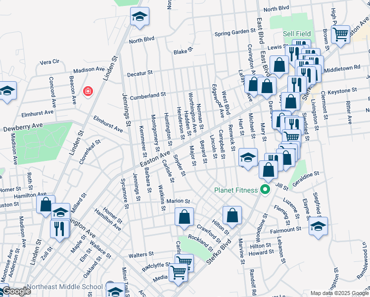 map of restaurants, bars, coffee shops, grocery stores, and more near 2038 Easton Avenue in Bethlehem
