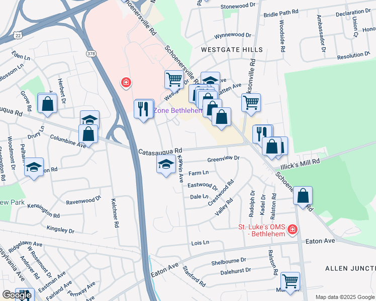 map of restaurants, bars, coffee shops, grocery stores, and more near 1545 Catasauqua Road in Bethlehem