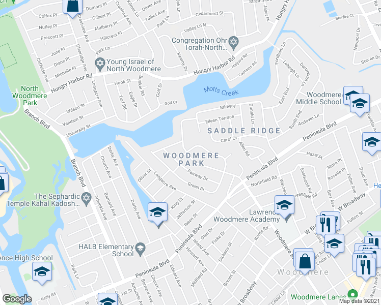 map of restaurants, bars, coffee shops, grocery stores, and more near 560 Woodmere Blvd in Woodmere