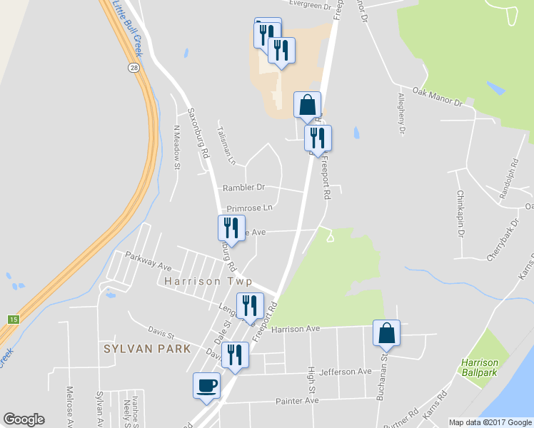 map of restaurants, bars, coffee shops, grocery stores, and more near 3124 Primrose Lane in Natrona Heights