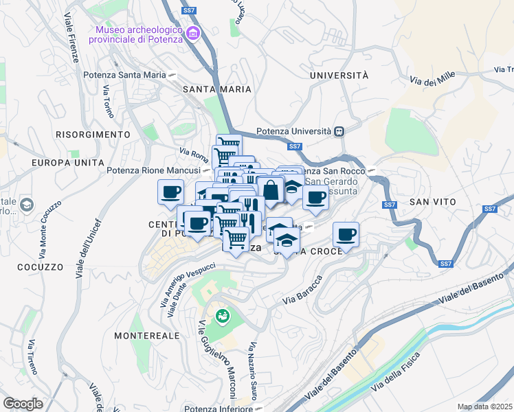 map of restaurants, bars, coffee shops, grocery stores, and more near Via Andrea Serrao in Potenza