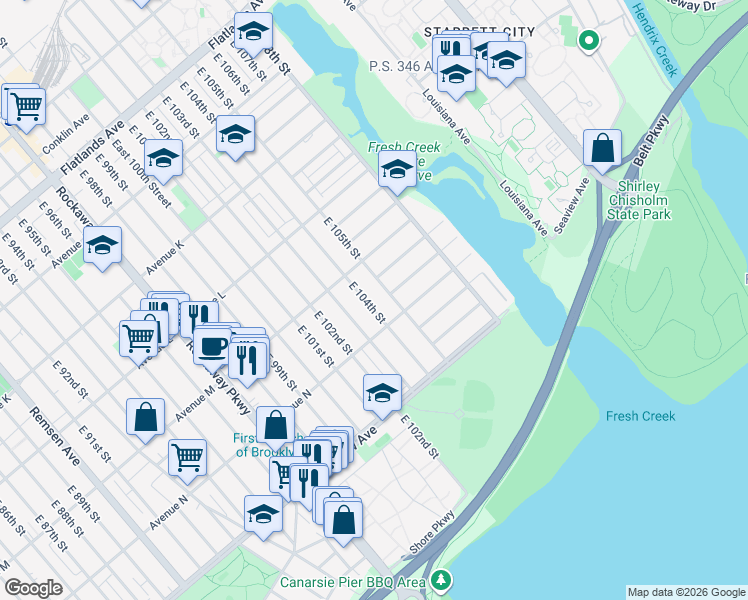 map of restaurants, bars, coffee shops, grocery stores, and more near 1351 East 104th Street in Brooklyn