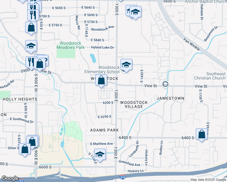 map of restaurants, bars, coffee shops, grocery stores, and more near 1290 East Vine Gate Drive in Murray