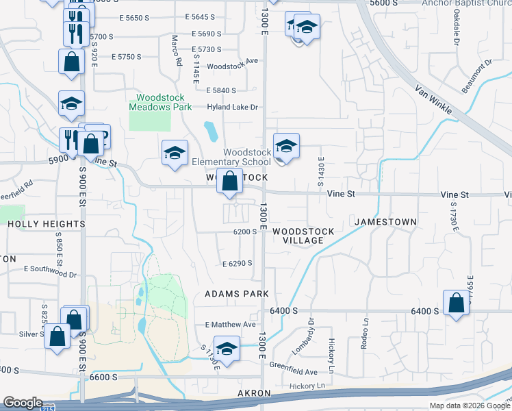 map of restaurants, bars, coffee shops, grocery stores, and more near 1288 East 6150 South in Salt Lake City