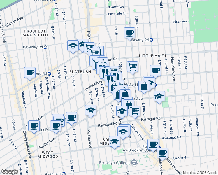 map of restaurants, bars, coffee shops, grocery stores, and more near 1267 Flatbush Avenue in Brooklyn