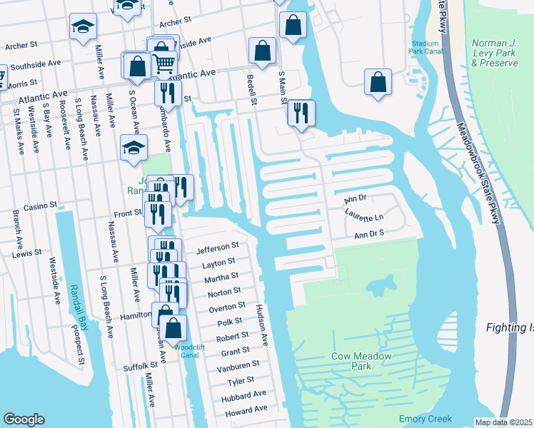 map of restaurants, bars, coffee shops, grocery stores, and more near 95 West 3rd Street in Freeport
