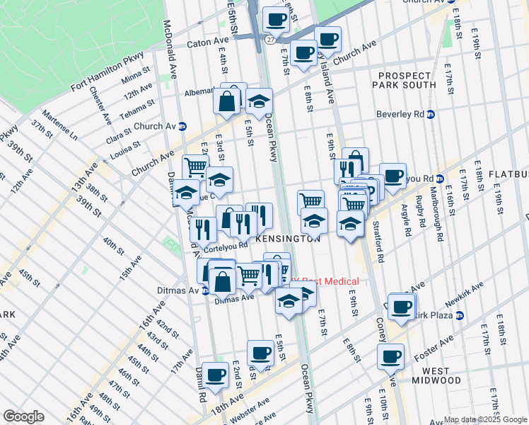 map of restaurants, bars, coffee shops, grocery stores, and more near 521 East 5th Street in Brooklyn