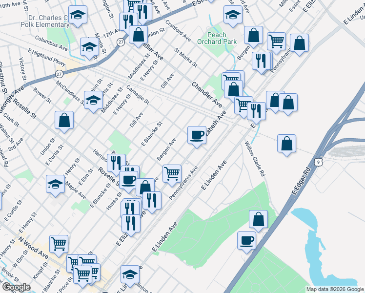 map of restaurants, bars, coffee shops, grocery stores, and more near 910 Essex Avenue in Linden