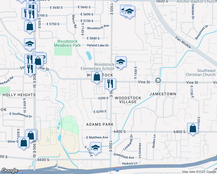 map of restaurants, bars, coffee shops, grocery stores, and more near 1283 East 6150 South in Salt Lake City
