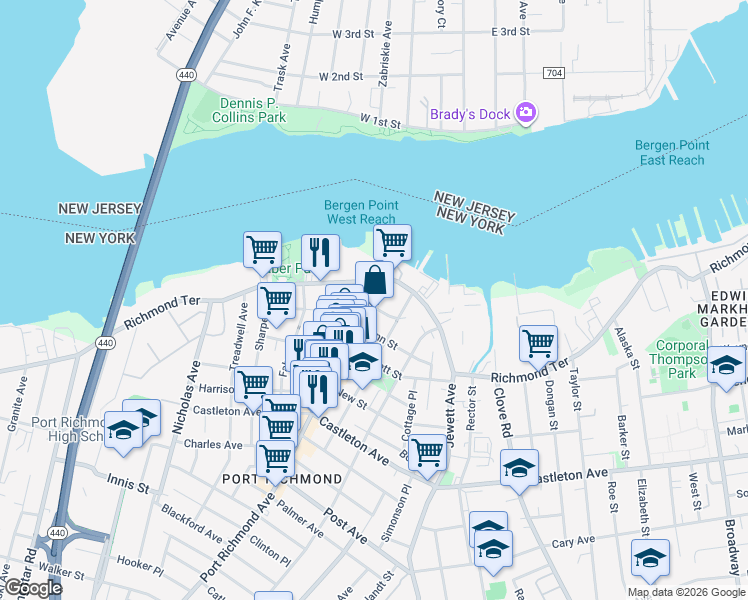 map of restaurants, bars, coffee shops, grocery stores, and more near 55 Church Street in Staten Island