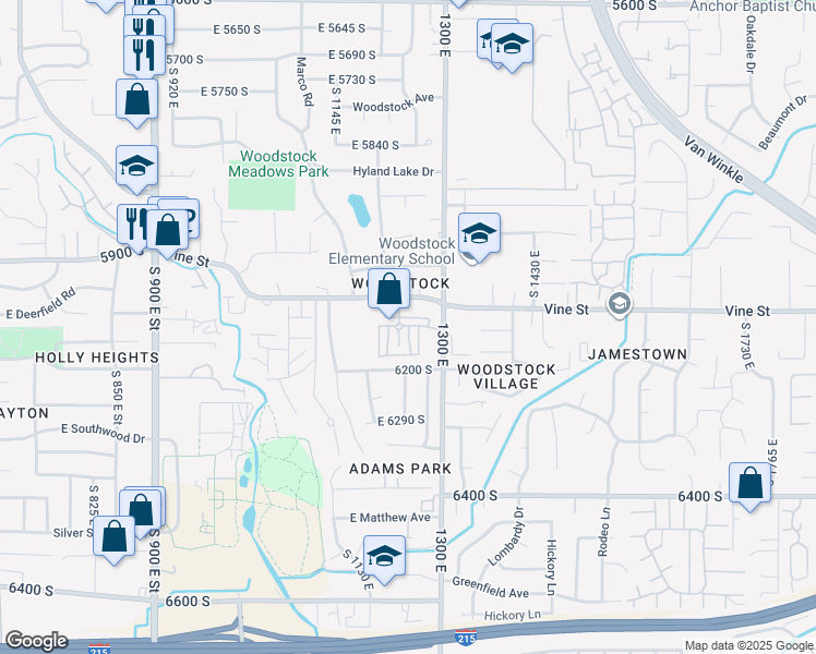 map of restaurants, bars, coffee shops, grocery stores, and more near 1274 East 6150 South in Salt Lake City