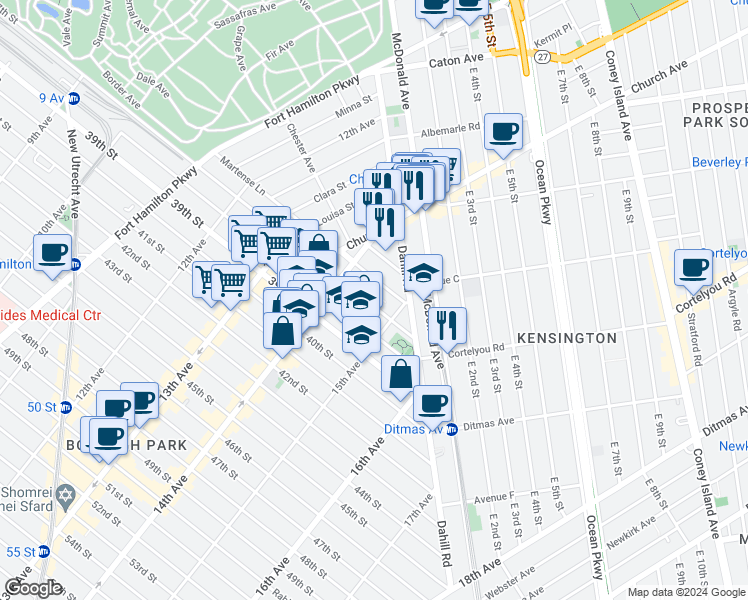 map of restaurants, bars, coffee shops, grocery stores, and more near 1449 37th Street in Brooklyn