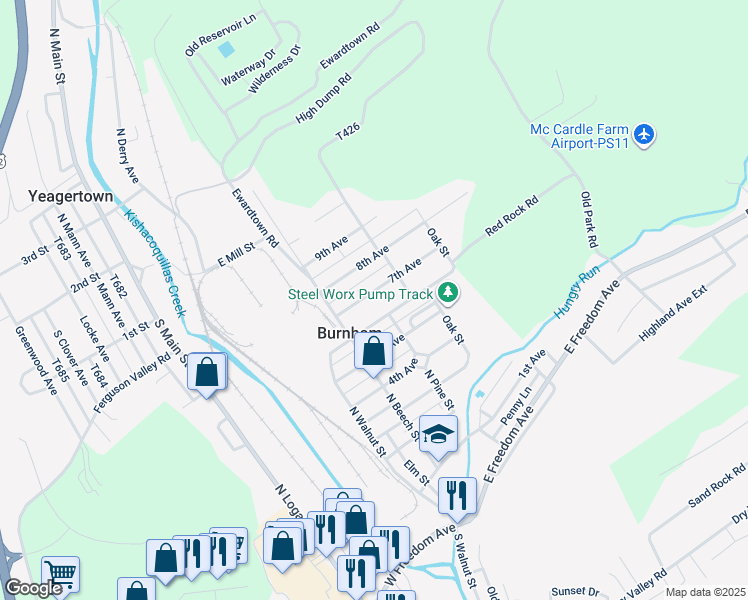 map of restaurants, bars, coffee shops, grocery stores, and more near 218 7th Avenue in Burnham