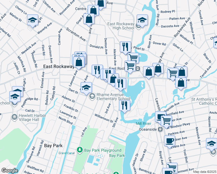 map of restaurants, bars, coffee shops, grocery stores, and more near 7 Cammerer Avenue in East Rockaway