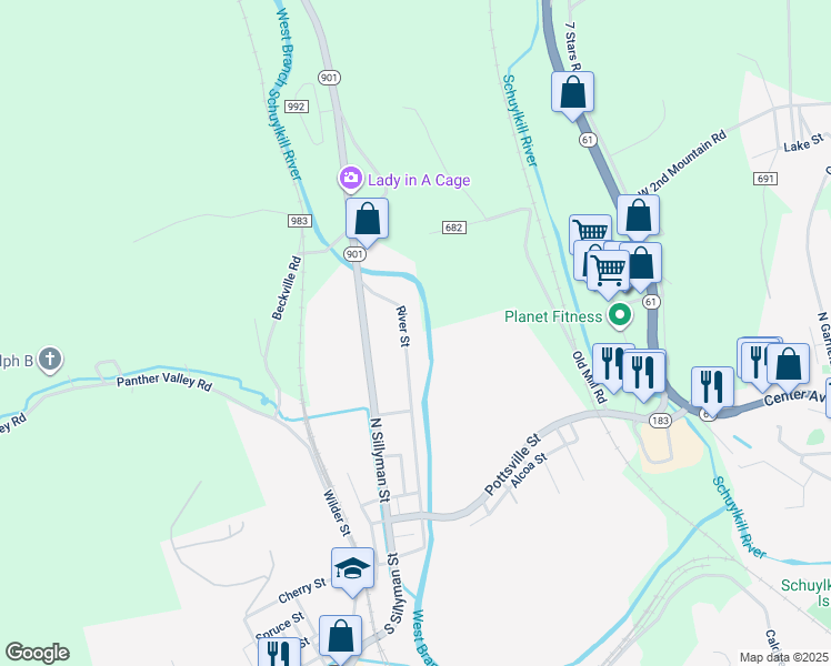 map of restaurants, bars, coffee shops, grocery stores, and more near River Street in Pottsville