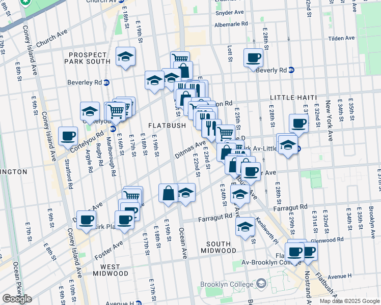 map of restaurants, bars, coffee shops, grocery stores, and more near 2116 Ditmas Avenue in Brooklyn