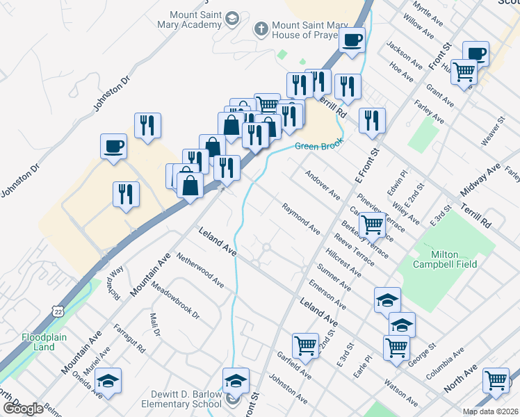 map of restaurants, bars, coffee shops, grocery stores, and more near 1255 Milton Place in Plainfield