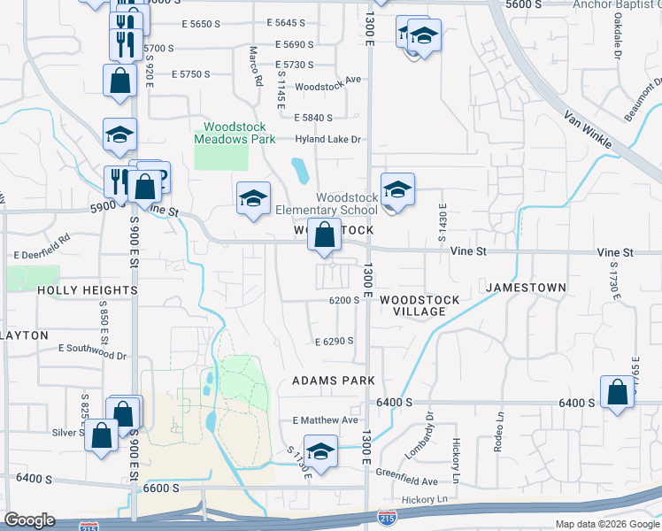 map of restaurants, bars, coffee shops, grocery stores, and more near 6140 Vine Park Drive in Murray