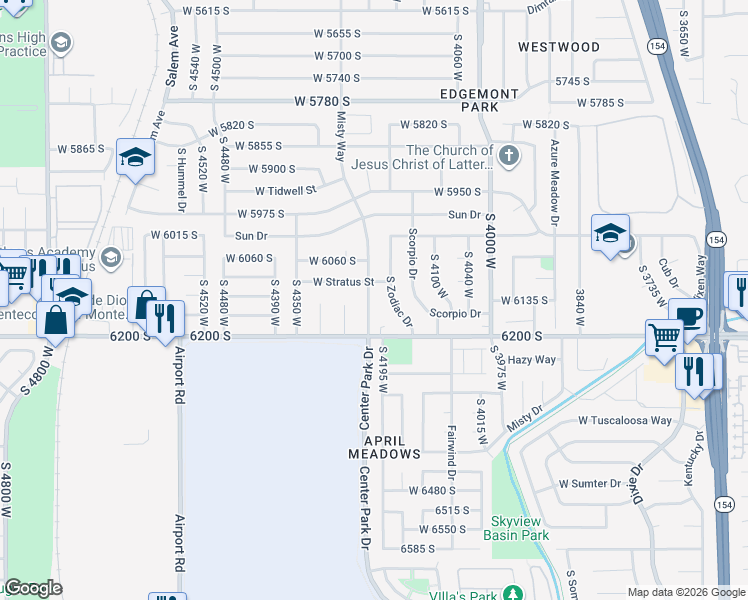 map of restaurants, bars, coffee shops, grocery stores, and more near 6143 Misty Way in Kearns