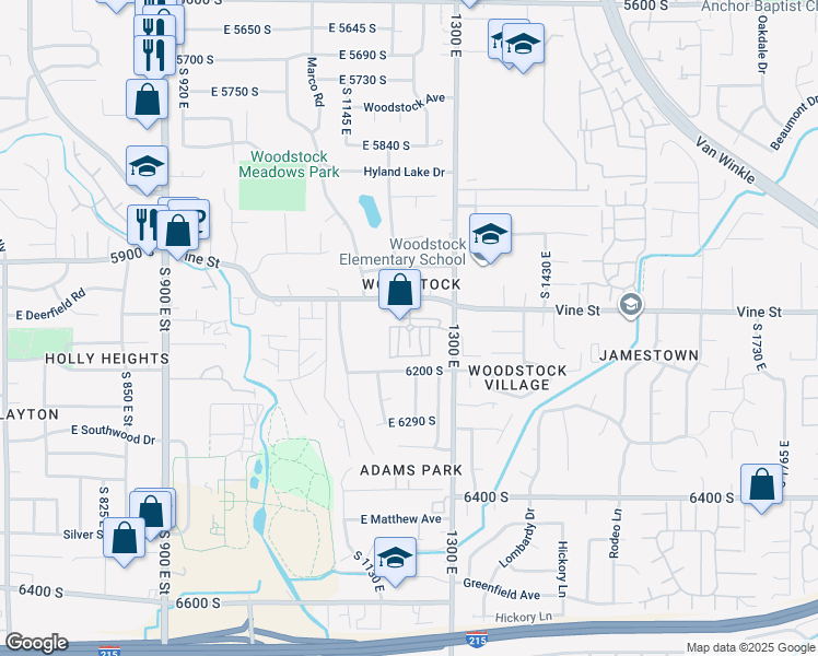map of restaurants, bars, coffee shops, grocery stores, and more near 6140 Vine Park Drive in Murray