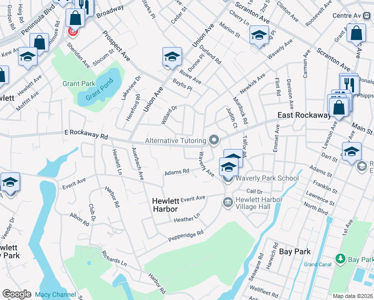 map of restaurants, bars, coffee shops, grocery stores, and more near 267 Channon Road in Hewlett