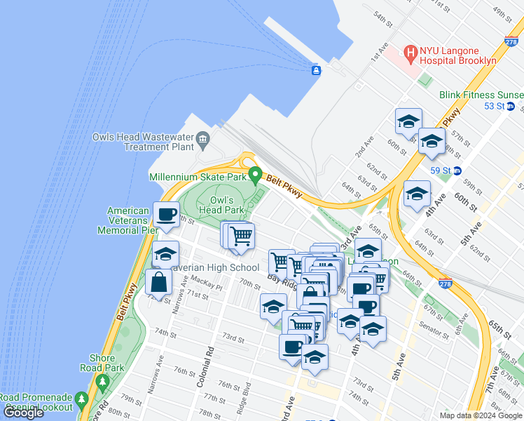 map of restaurants, bars, coffee shops, grocery stores, and more near 6678 Sedgwick Place in Brooklyn