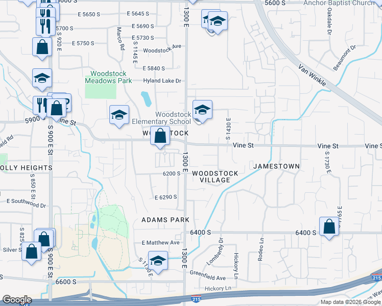 map of restaurants, bars, coffee shops, grocery stores, and more near 6129 South 1300 East in Murray