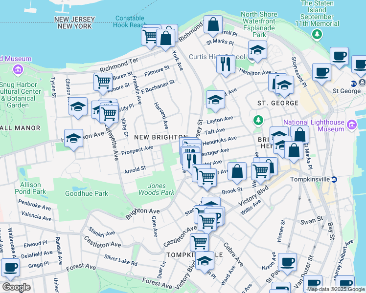 map of restaurants, bars, coffee shops, grocery stores, and more near 281 York Avenue in Staten Island