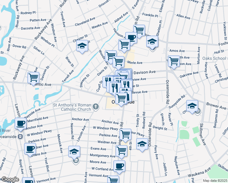 map of restaurants, bars, coffee shops, grocery stores, and more near 40 Atlantic Avenue in Oceanside