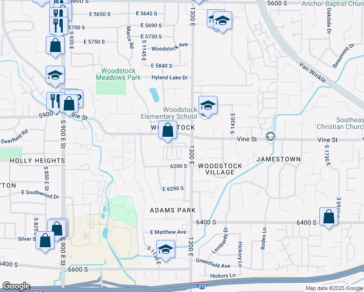map of restaurants, bars, coffee shops, grocery stores, and more near 1290 East Vine Gate Drive in Murray