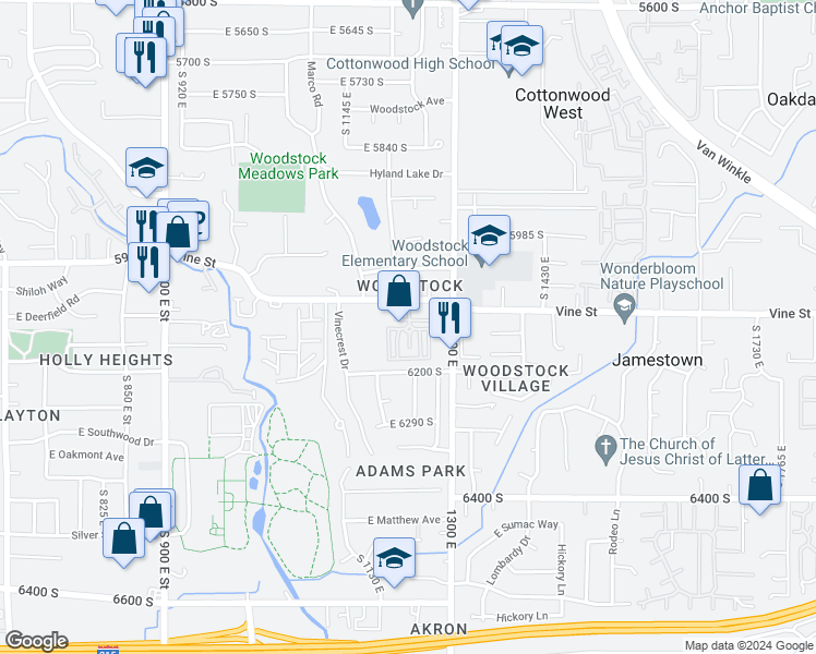 map of restaurants, bars, coffee shops, grocery stores, and more near 6140 Vine Park Drive in Murray