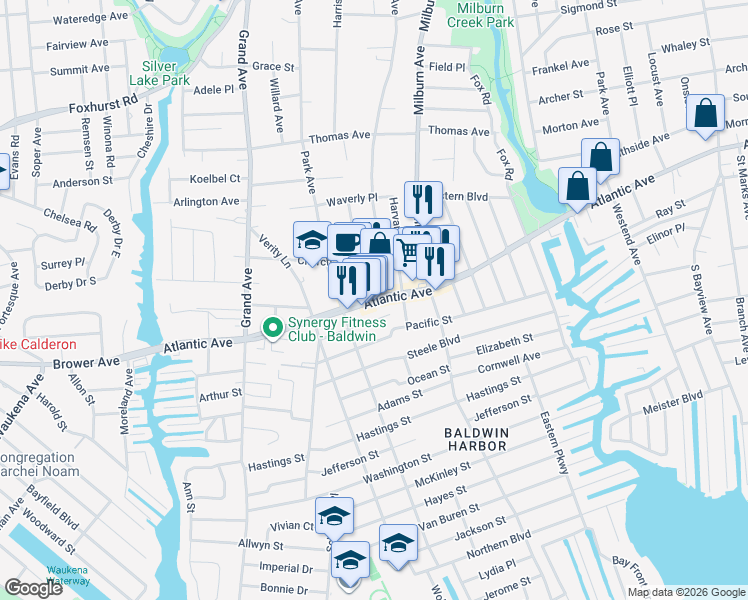 map of restaurants, bars, coffee shops, grocery stores, and more near 920 Atlantic Avenue in Baldwin