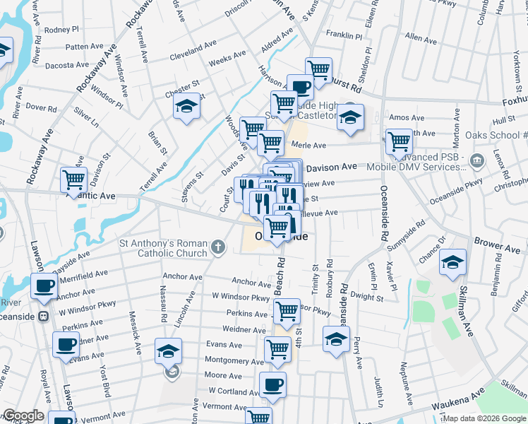 map of restaurants, bars, coffee shops, grocery stores, and more near 40 Atlantic Ave in Oceanside