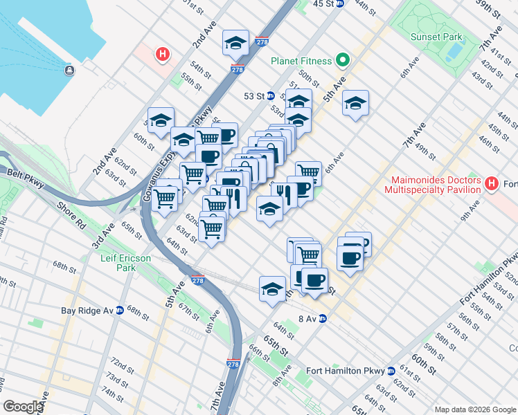 map of restaurants, bars, coffee shops, grocery stores, and more near 531 59th Street in Brooklyn