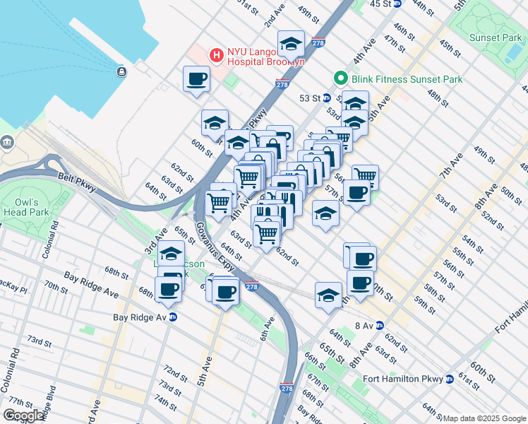 map of restaurants, bars, coffee shops, grocery stores, and more near 455 61st Street in Brooklyn