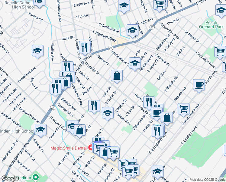 map of restaurants, bars, coffee shops, grocery stores, and more near 552 East Curtis Street in Linden
