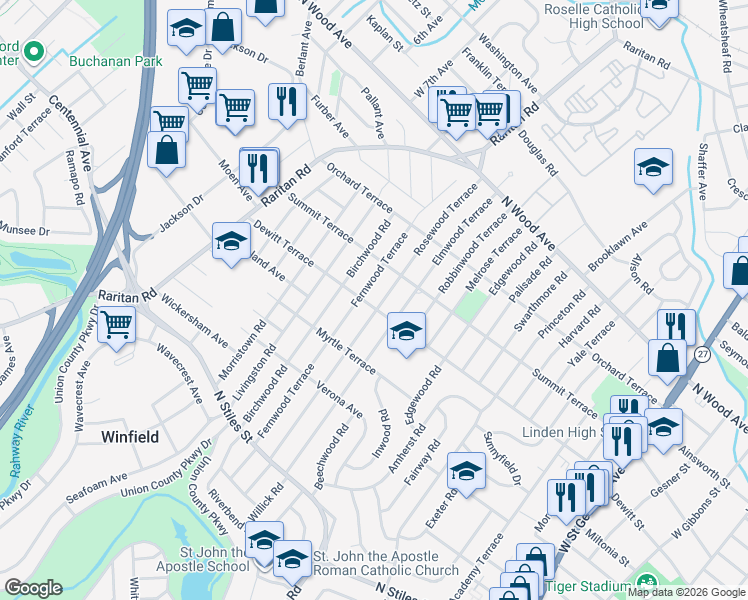 map of restaurants, bars, coffee shops, grocery stores, and more near 2206 Dewitt Terrace in Linden