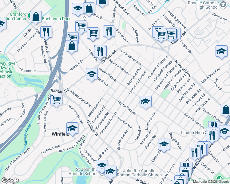 map of restaurants, bars, coffee shops, grocery stores, and more near 334 Birchwood Road in Linden